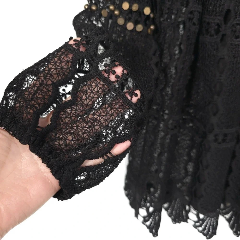 Anthropologie Maeve Top Size XS Auralis‎ Black Lace Eyelet Studded Beaded Sheer